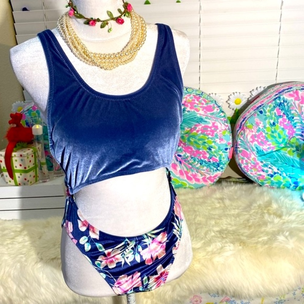PINK VS blue velvet one piece swimsuit but looks like a bikini